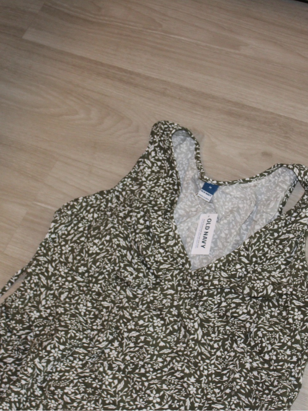 Old Navy Olive Green Floral V-Neck Dress with White Print